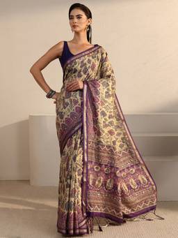 Libas - Beige Digital Printed Saree With Woven Design Border And Blouse Piece