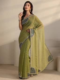 Libas - Green Zari Woven Design Saree With Embellished Border And Blouse Piece