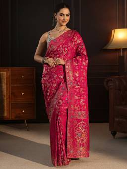 Libas Art - Red Floral Woven Design Saree With Woven Design Border and Blouse Piece