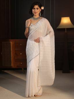 Libas - White Embellished Saree With Blouse Piece