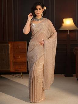 Libas - Taupe Embellished Saree With Blouse Piece