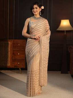 Libas - Beige Embroidered Saree With Embellished Border And Blouse Piece
