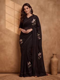 Jaipur Kurti - Digitally Printed Abstract And Floral Mul Cotton Saree With Contrast Blouse