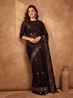 Jaipur Kurti - Digitally Printed Abstract And Floral Mul Cotton Saree With Contrast Blouse