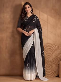 Jaipur Kurti - Digitally Printed Abstract And Floral Mul Cotton Saree With Contrast Blouse