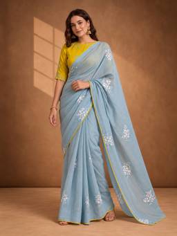 Jaipur Kurti - Digitally Printed Abstract And Floral Mul Cotton Saree With Contrast Blouse