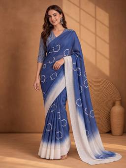 Jaipur Kurti - Digitally Printed Abstract And Floral Mul Cotton Saree With Contrast Blouse