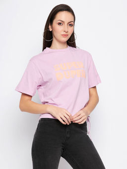 CAMLA - Barcelona Typography Print Side Drawstring Ruched Lavender T-Shirt