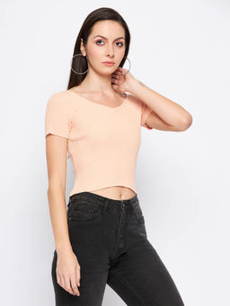 CAMLA - Barcelona Tie Knot Ribbed Solid Peach Crop Top