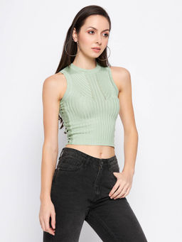 CAMLA - Ribbed Mock Neck Peacock Crop Top