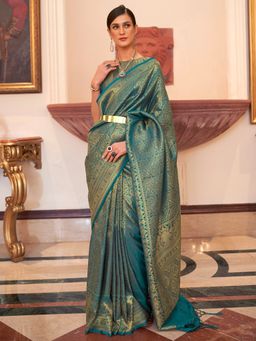 Akhilam - Womens Silk Blend Teal Blue Woven Designer Saree with Unstitched Blouse