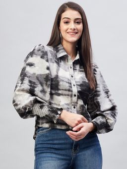 RARE - Women Black Tie and Dye Crepe Shirt Style Top