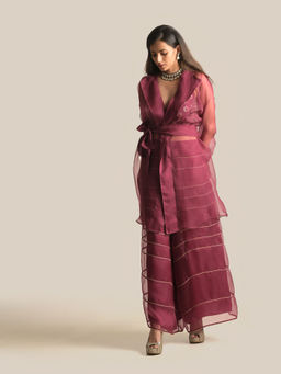 Cupid Cotton - Vera Organza Wine Jacket with pant and Blouse (Set of 3)