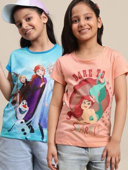 Kidsville - Kids Girls Princess Printed Multi Coloured Tshirts (Pack of 2)
