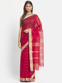 Fabindia - Red Cotton Silk Chanderi Woven Saree without Blouse
