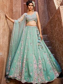 Panchhi - Sea Green Sequined Embroidery Semi-Stitched Lehenga with Blouse and Dupatta (Set of 3)