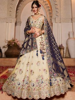 Panchhi - Navy Blue-Cream Embroidery Semi-Stitched Lehenga with Blouse and Dupatta (Set of 3)