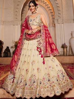 Panchhi - Red-Cream Embroidery Semi-Stitched Lehenga with Blouse and Dupatta (Set of 3)