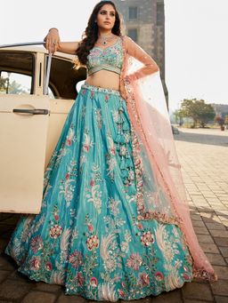 Panchhi - Turquoise Sequined Embroidery Semi-Stitched Lehenga with Blouse and Dupatta (Set of 3)