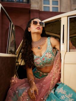 Panchhi - Turquoise Sequined
                  Embroidery Semi-Stitched Lehenga with Blouse and
                  Dupatta (Set of 3) - 2