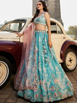 Panchhi - Turquoise Sequined
                  Embroidery Semi-Stitched Lehenga with Blouse and
                  Dupatta (Set of 3) - 3