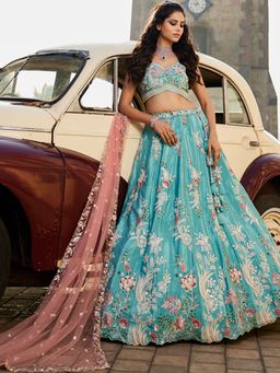 Panchhi - Turquoise Sequined
                  Embroidery Semi-Stitched Lehenga with Blouse and
                  Dupatta (Set of 3) - 5