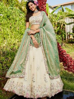 Panchhi - Green-Cream Embroidered Semi-Stitched Lehenga with Blouse and Dupatta (Set of 3)