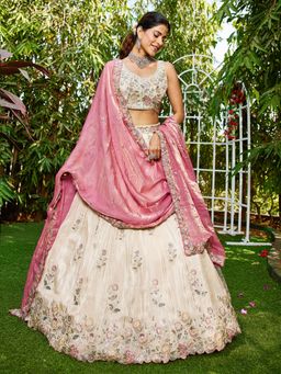 Panchhi - Pink-Cream Embroidered Semi-Stitched Lehenga with Blouse and Dupatta (Set of 3)