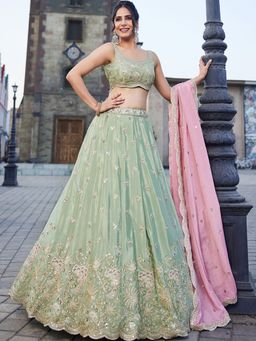 Panchhi - Green Sequined Embroidery Semi-Stitched Lehenga with Blouse and Dupatta (Set of 3)