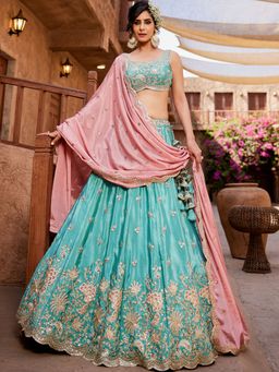 Panchhi - Turquoise Sequined Embroidery Semi-Stitched Lehenga with Blouse and Dupatta (Set of 3)