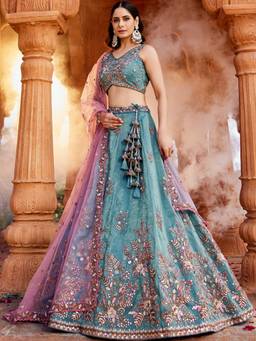 Panchhi - Blue Sequined Embroidery Semi-Stitched Lehenga with Blouse and Dupatta (Set of 3)