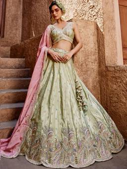Panchhi - Green Sequined Embroidery Semi-Stitched Lehenga with Blouse and Dupatta (Set of 3)