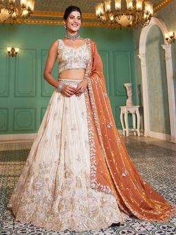 Panchhi - Orange-Cream Embroidered Semi-Stitched Lehenga with Blouse and Dupatta (Set of 3)