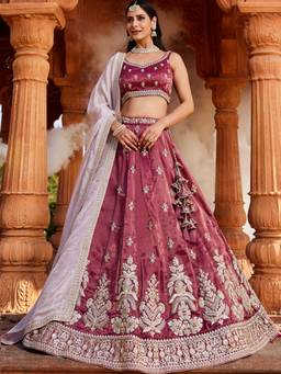 Panchhi - Maroon Embroidery Semi-Stitched Lehenga with Blouse and Dupatta (Set of 3)