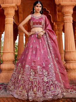 Panchhi - Pink Sequined Cutdana Semi-Stitched Lehenga with Blouse and Dupatta (Set of 3)