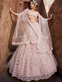 Panchhi - Nude Sequined Semi-Stitched Lehenga with Blouse and Dupatta (Set of 3)
