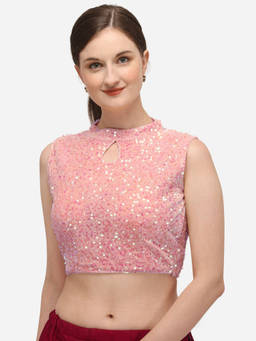Amrutam Fab - Womens Sequence Work Pink Velvet Stiched Blouse With Collar Neck