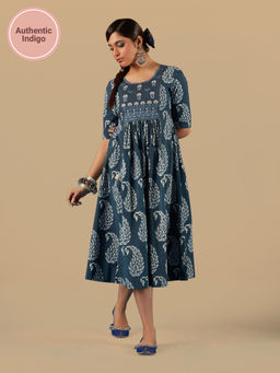 Likha - Blue Indigo Saga Pure Cotton Authentic Hand Block Print & Mirror work Fit & Flared Dress