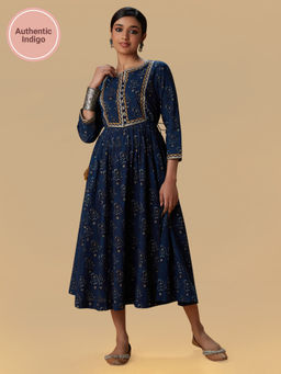 Likha - Blue Indigo Saga Pure Cotton Authentic Hand Block Print Mirror Work Maxi Dress