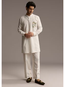 KALKI FASHION - Off White Linen Kurta and Pant for Men with Thread Hand Embroidery