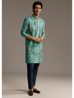 KALKI FASHION - Green Silk Printed Kurta and Pant for Men with Mirror Work