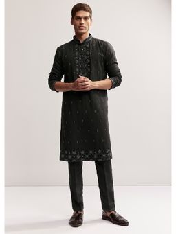 KALKI FASHION - Black Linen Kurta and Pant for Men with Resham and Moti Work
