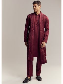 KALKI FASHION - Maroon Red Silk Hand Embroidered Kurta Pant and Dupatta for Men