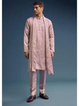 KALKI FASHION - Pink Silk Kurta Pant and Dupatta for Men with Hand Done Thread Work