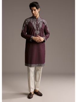 KALKI FASHION - Wine Linen Kurta and Pant for Men with Thread Embroidery