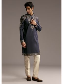 KALKI FASHION - Blue Linen Kurta and Pant for Men with Resham Embroidery