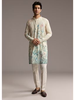 KALKI FASHION - Off White Silk Kurta and Pant for Men with Botanical Garden Print