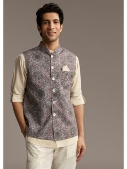 KALKI FASHION - Brown Linen Kurta and Jacket for Men with Kantha Embroidery