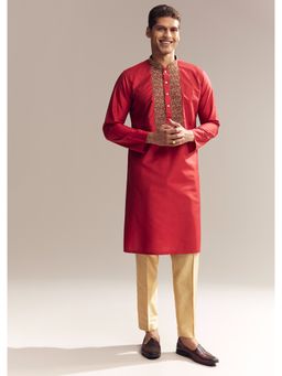 KALKI FASHION - Red Silk Kurta and Pant for Men with Resham Knots