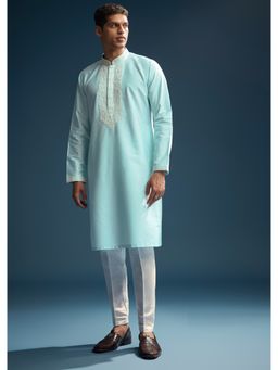 KALKI FASHION - Blue Chanderi Kurta and Pant for Men with Kashmiri Hand Work